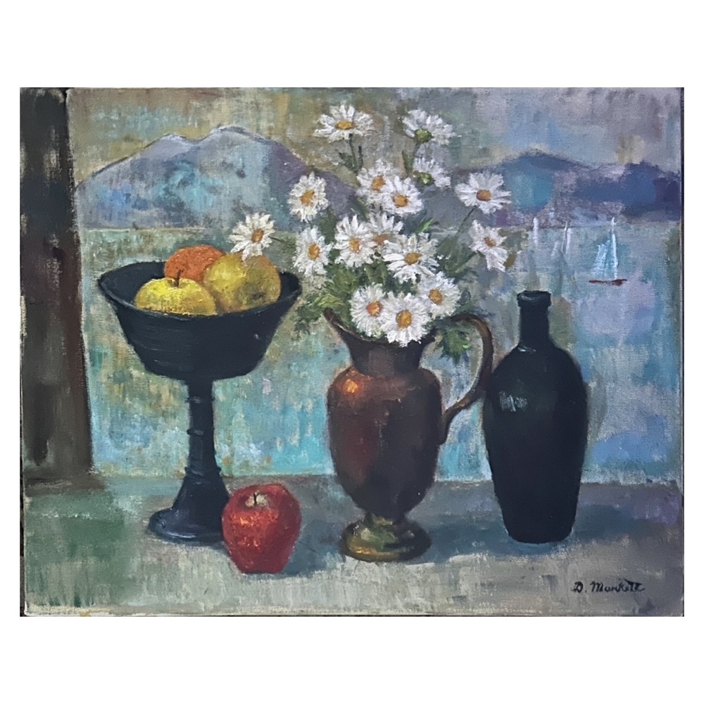 Vintage Still Life Oil Painting Bouquet of Daisies & Fruit Signed